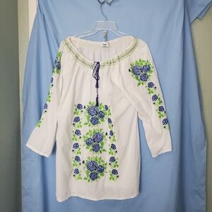 Shubham White Boho Blouse  Smocked Drawstring Neck Blue Embroidered Flowers XL
